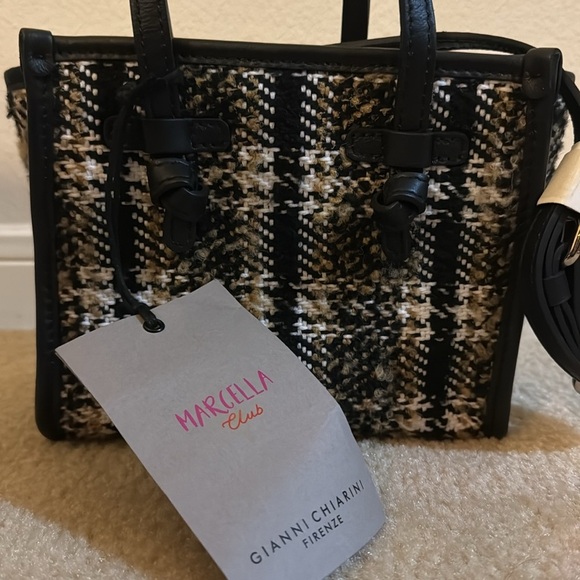 NWT Gianni Chiarini tweed small tote in black/tan, detachable adjustable strap - Picture 2 of 10